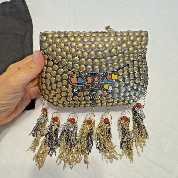 Love Binetti Diego Metal Brass Stud Clutch Bag Mini Purse Butterfly Coral Tassel - Picture 4 of 16